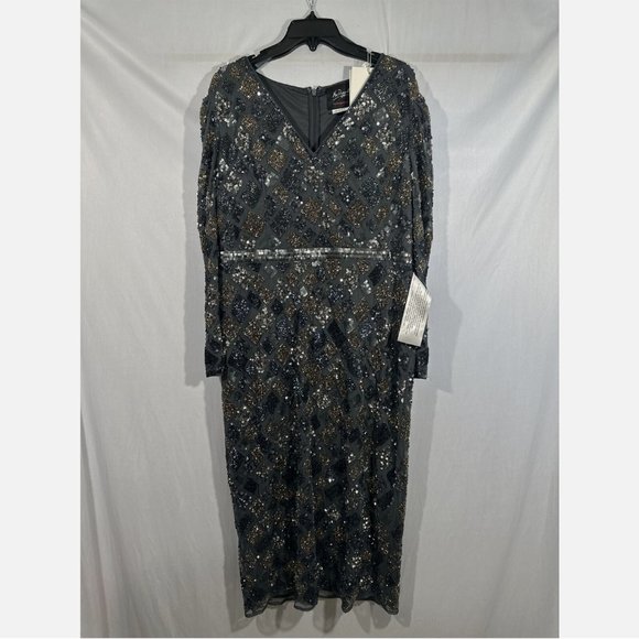 NWT‎ $498 Mac Duggal [ 16 ] Geo Embellished Midi Sheath Dress Charcoal Grey - Picture 8 of 14